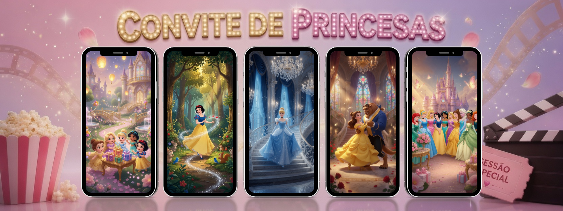Banner Convite de Princesas com cinco modelos em celulares